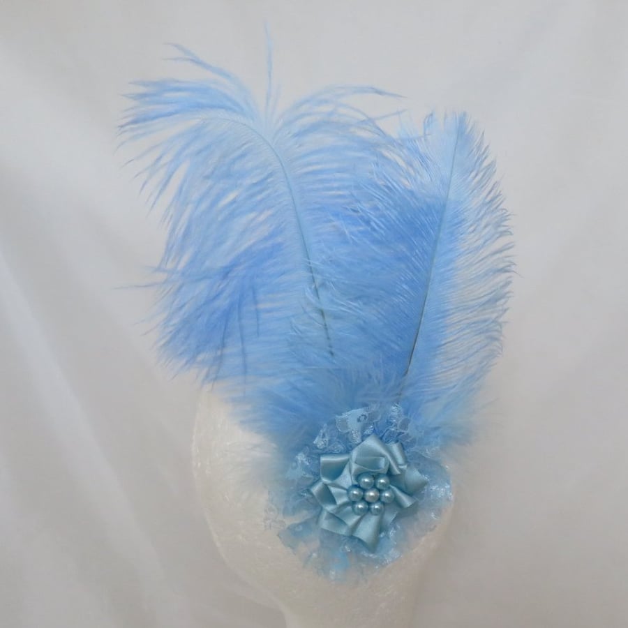 Pale Sky Blue Ostrich Feather Regency Style Headpiece Fascinator