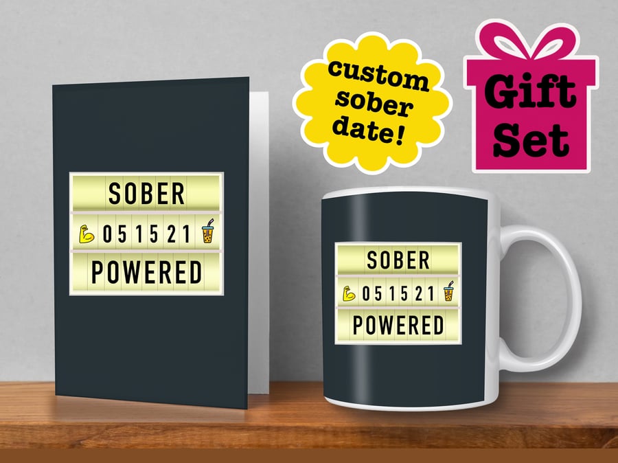 Personalised Choose Your Date Sobriety Card and Mug - Sober Powered Sobriety Gif