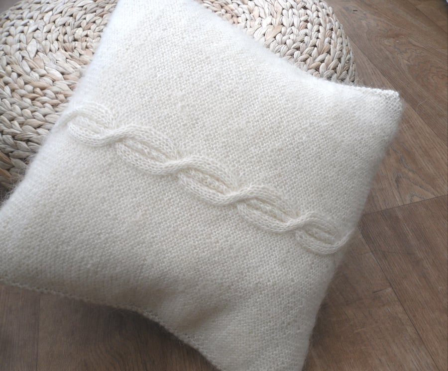 Cream Mohair Cable Cushion with brown and cream tartan back 14" x 14"