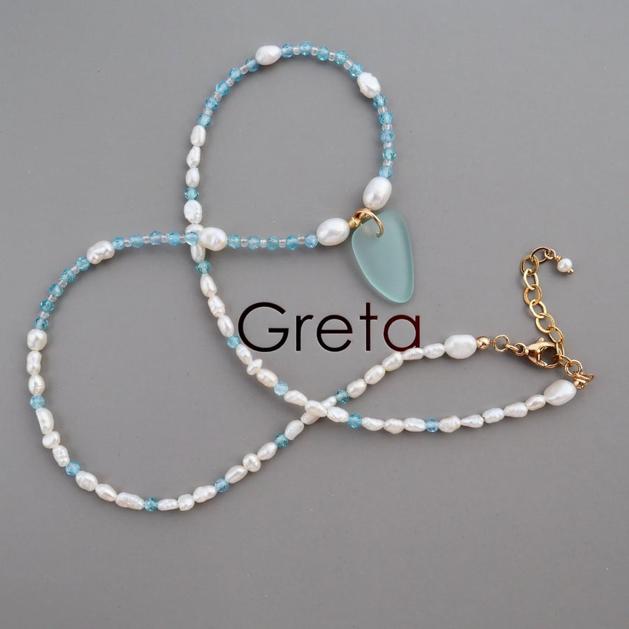Image of White Pearls Ocean Apatite and Sea Glass Charm - Adjustable Gold Filled Clasp
