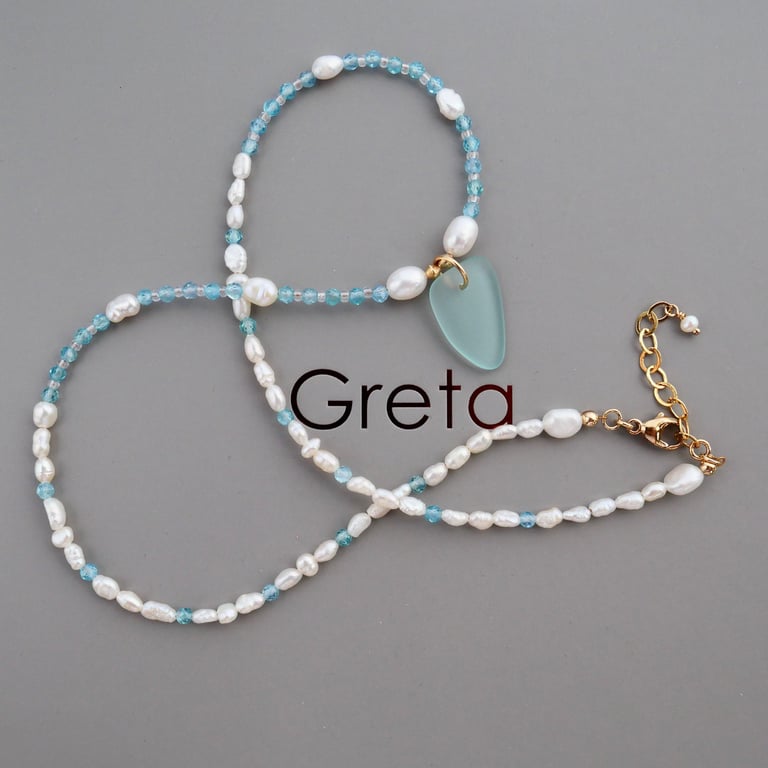 White Pearls Ocean Apatite and Sea Glass Charm - Adjustable Gold Filled Clasp