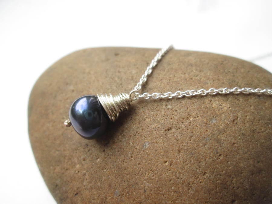 Pearl Necklace - Blue Pearl Pendant, Wedding Jewellery, Bridal, Bridesmaid Gift