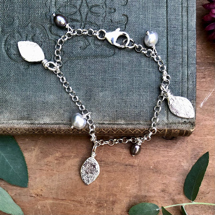 Sterling Silver Leaf Charm Bracelet with Natural Pear- Handmade Nature Jewellery