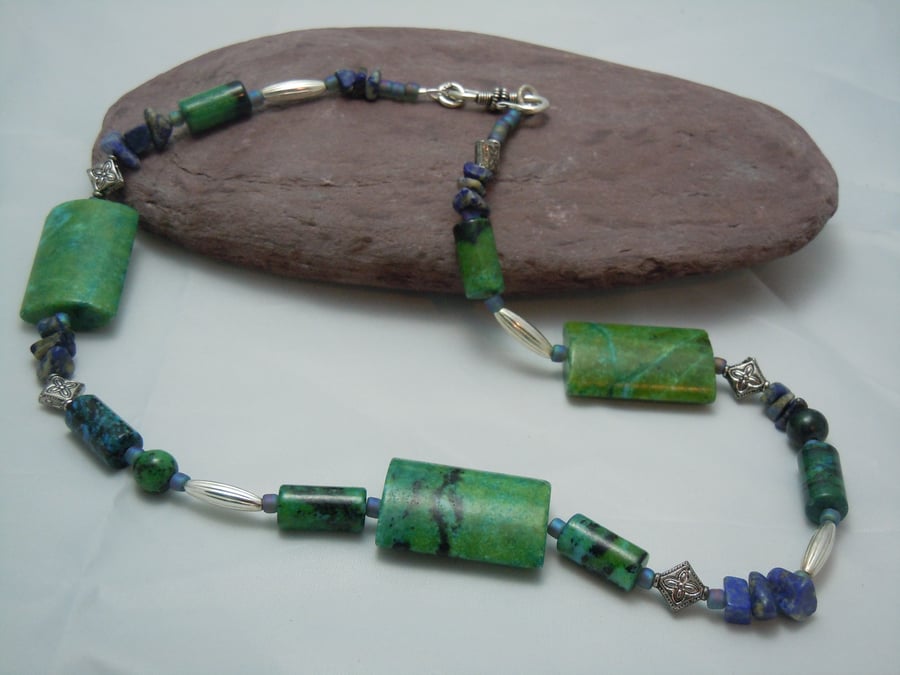 Gemstone Chrysocolla & Lapis Lazuli necklace & silver plate beads