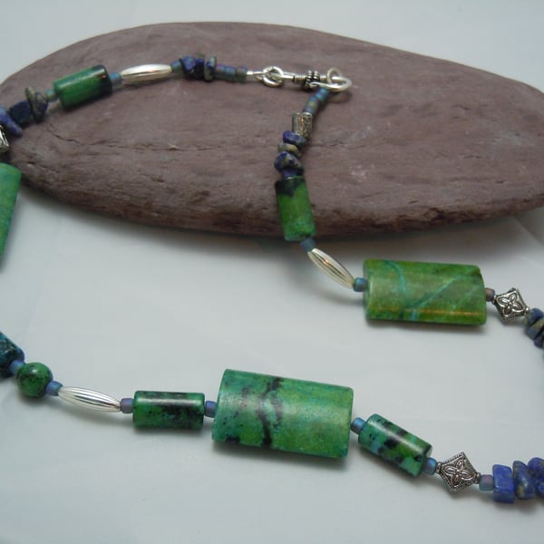 Gemstone Chrysocolla & Lapis Lazuli necklace & silver plate beads