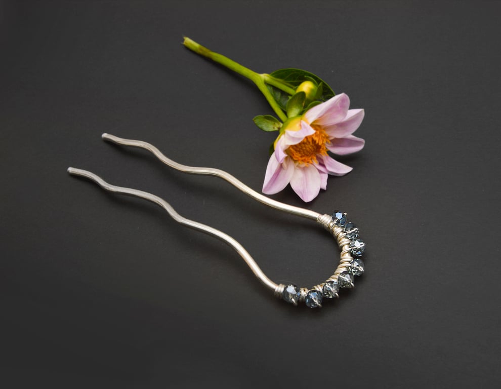 Handmade silver plated hair fork, multitone colored crystal beads hair bun slide