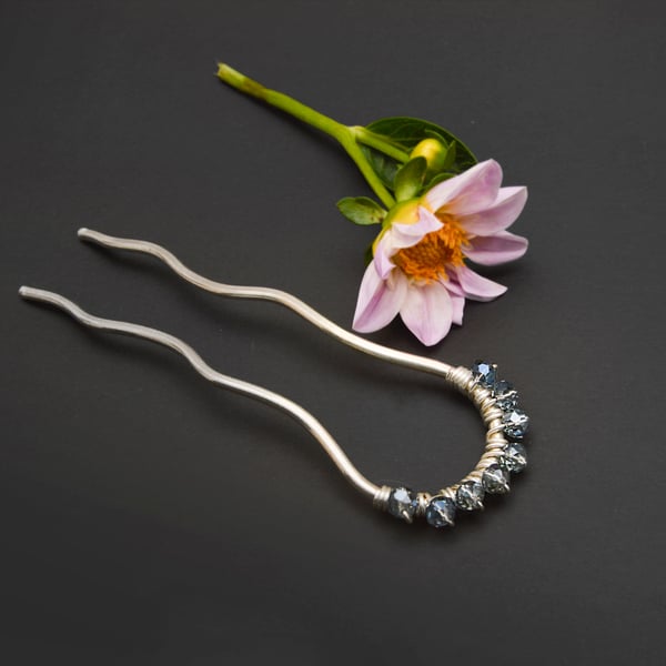 Handmade silver plated hair fork, multitone colored crystal beads hair bun slide