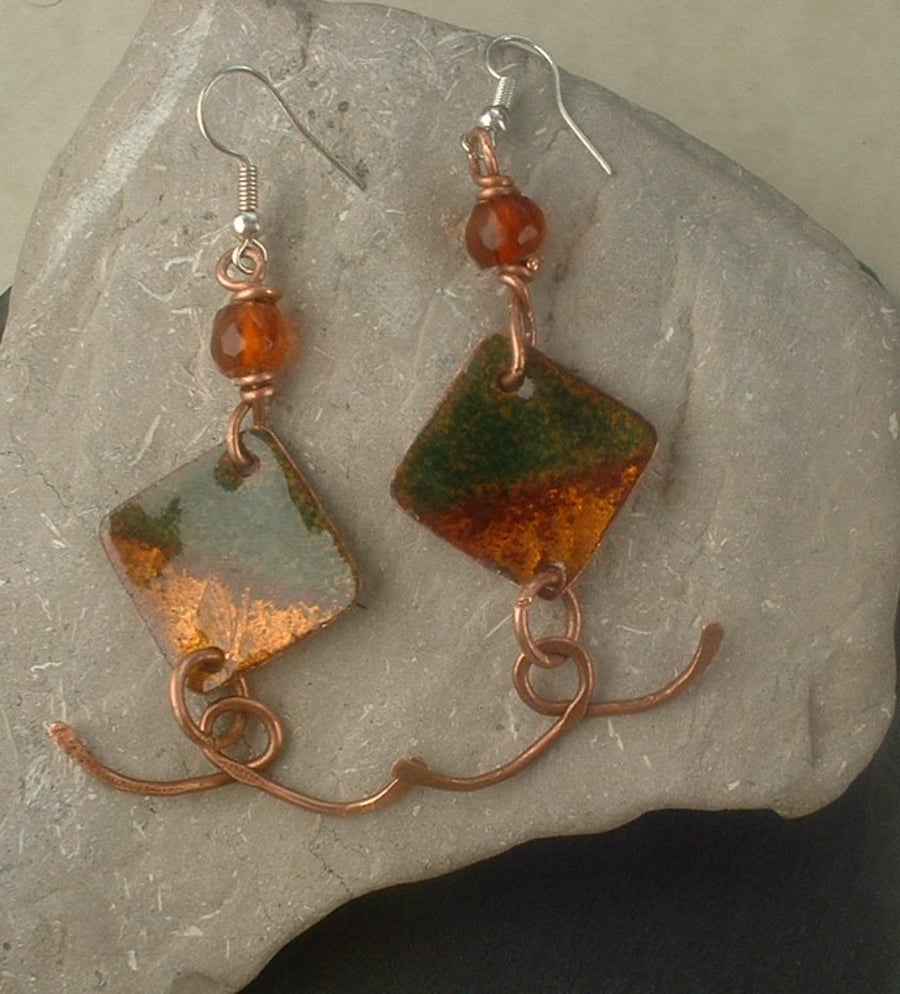 "Harlequin" Enamelled Copper Earrings with Amber Beads