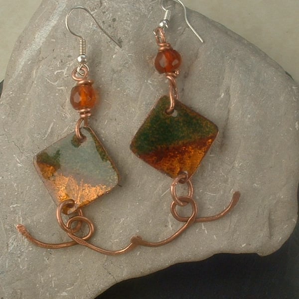 "Harlequin" Enamelled Copper Earrings with Amber Beads