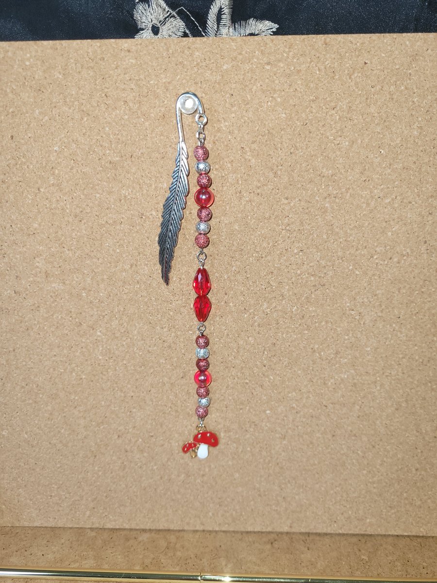 Beaded Metal Bookmark - Red Mushrooms