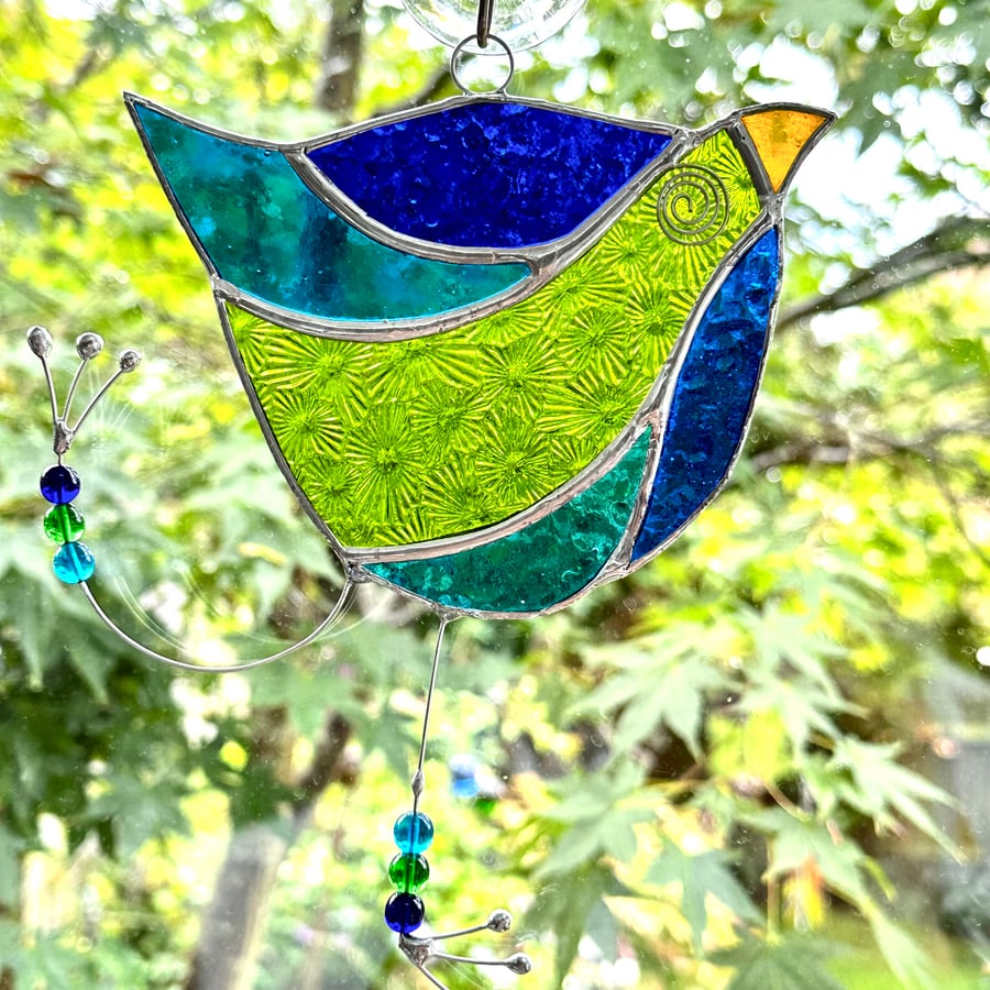 Stained Glass Funky Bird Suncatcher  - Blue Turquoise Green