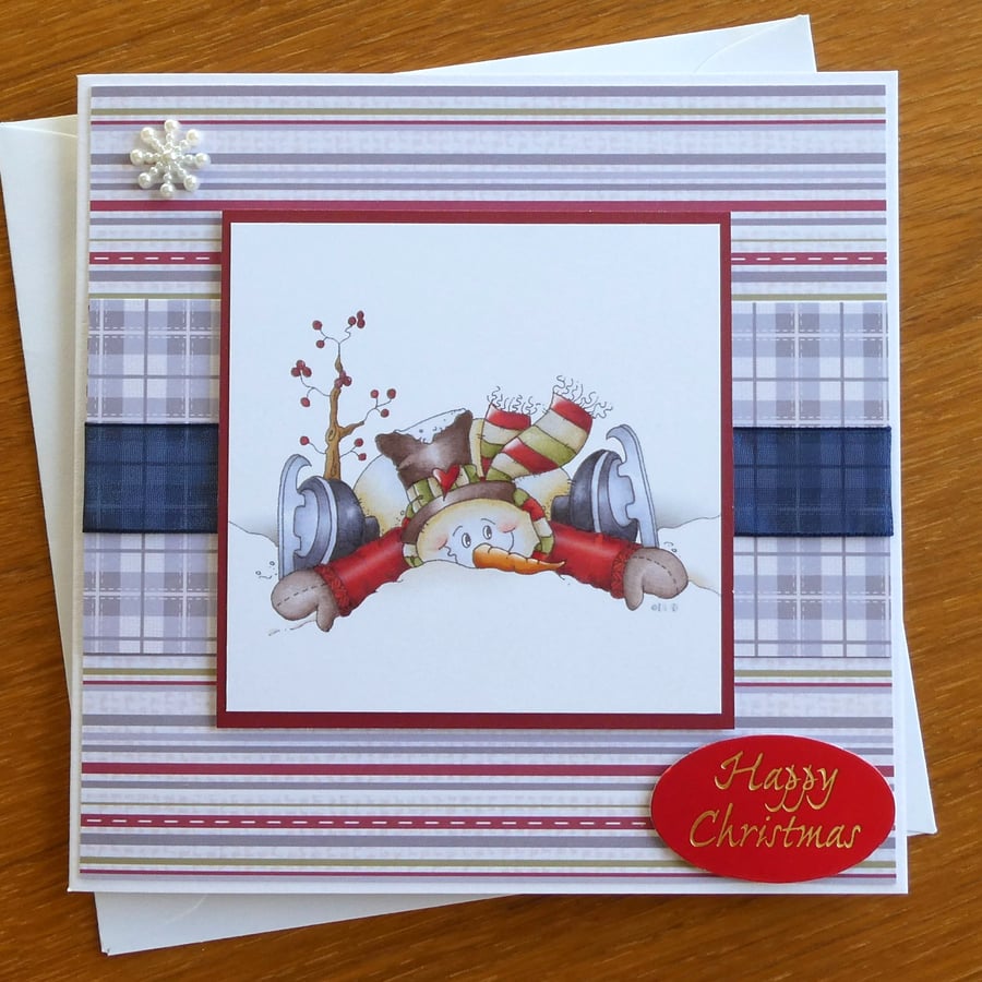 Christmas Card - Skating Snowman - Happy Christmas