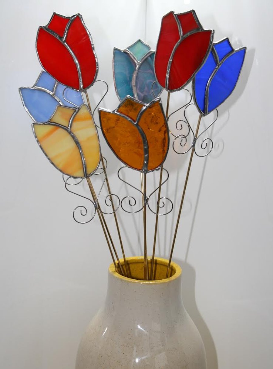 Seconds Sunday Handmade stained glass tulip plant pot stake. SALE