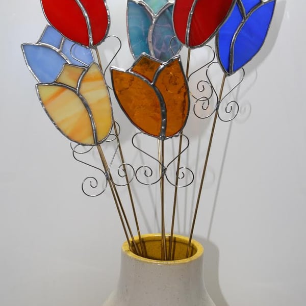 Seconds Sunday Handmade stained glass tulip plant pot stake. SALE