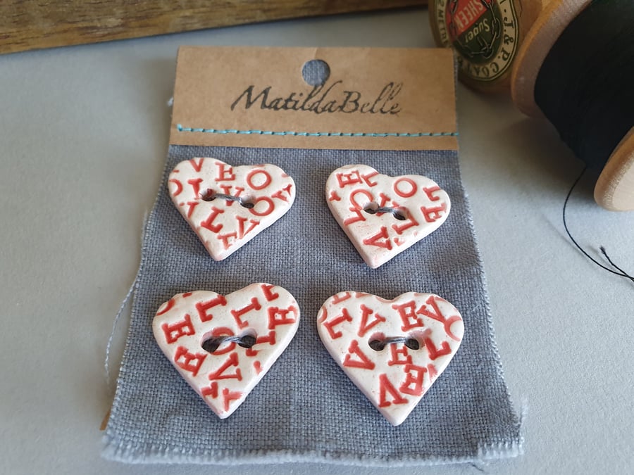 Ceramic Buttons Handmade Love token Heart shaped Buttons in Red and white 