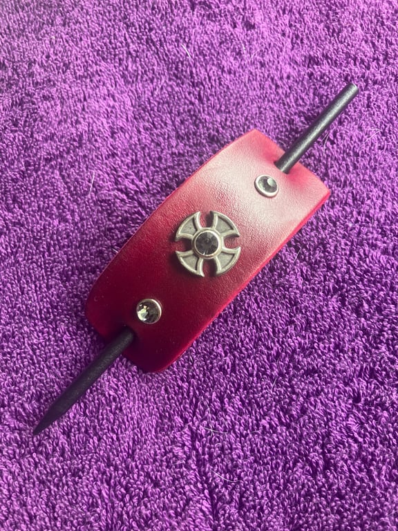 Dyed Red Leather Hair Stick Barrette - Iron Cross centre with 3 Grey Gemstones