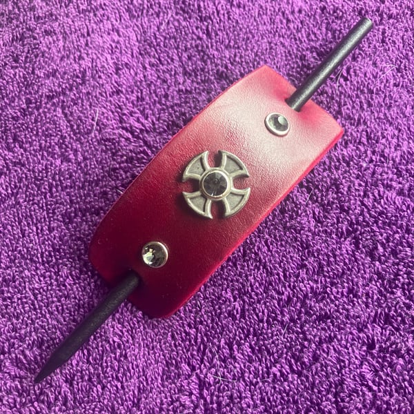 Dyed Red Leather Hair Stick Barrette - Iron Cross centre with 3 Grey Gemstones