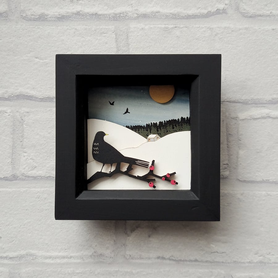 Cloudberry Cottage, Miniature Diorama, Bird Picture, Winter Landscape