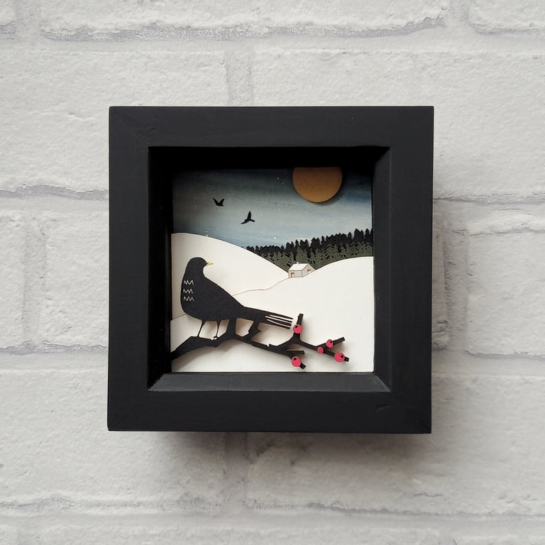 Cloudberry Cottage, Miniature Diorama, Bird Picture, Winter Landscape