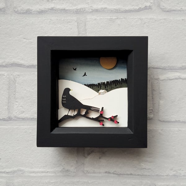 Winter Fields Picture, Miniature Diorama, Bird Picture, Winter Landscape