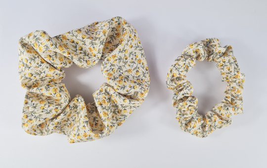 Yellow Floral Scrunchie, Girly XL Large Fluffy, Skinny Hair Tie Elastic