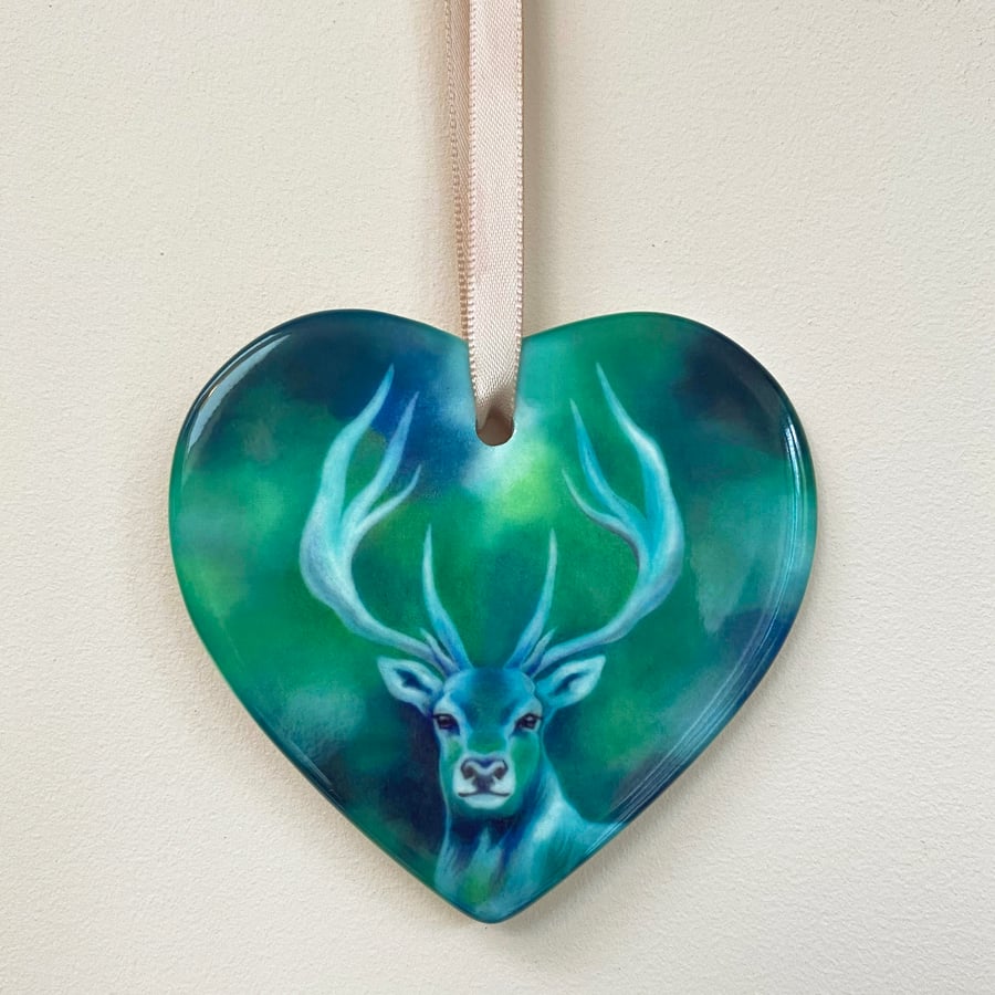 Stag ornament, Heart ornament - ceramic hanging ornament, tree decoration 