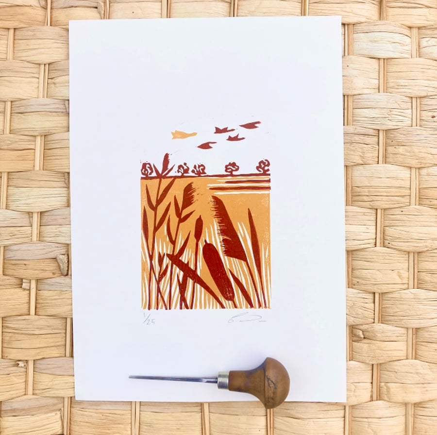 Flying Geese, Geese Lino Print, Norfolk Landscape