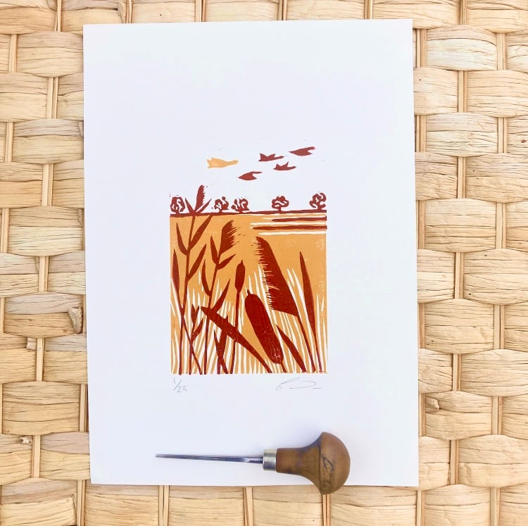 Flying Geese, Geese Lino Print, Norfolk Landscape