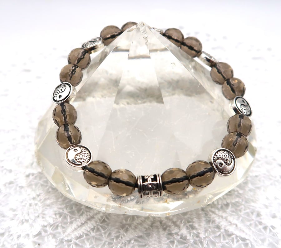 Smokey Quartz Ying and Yang Stretch Bracelet.  
