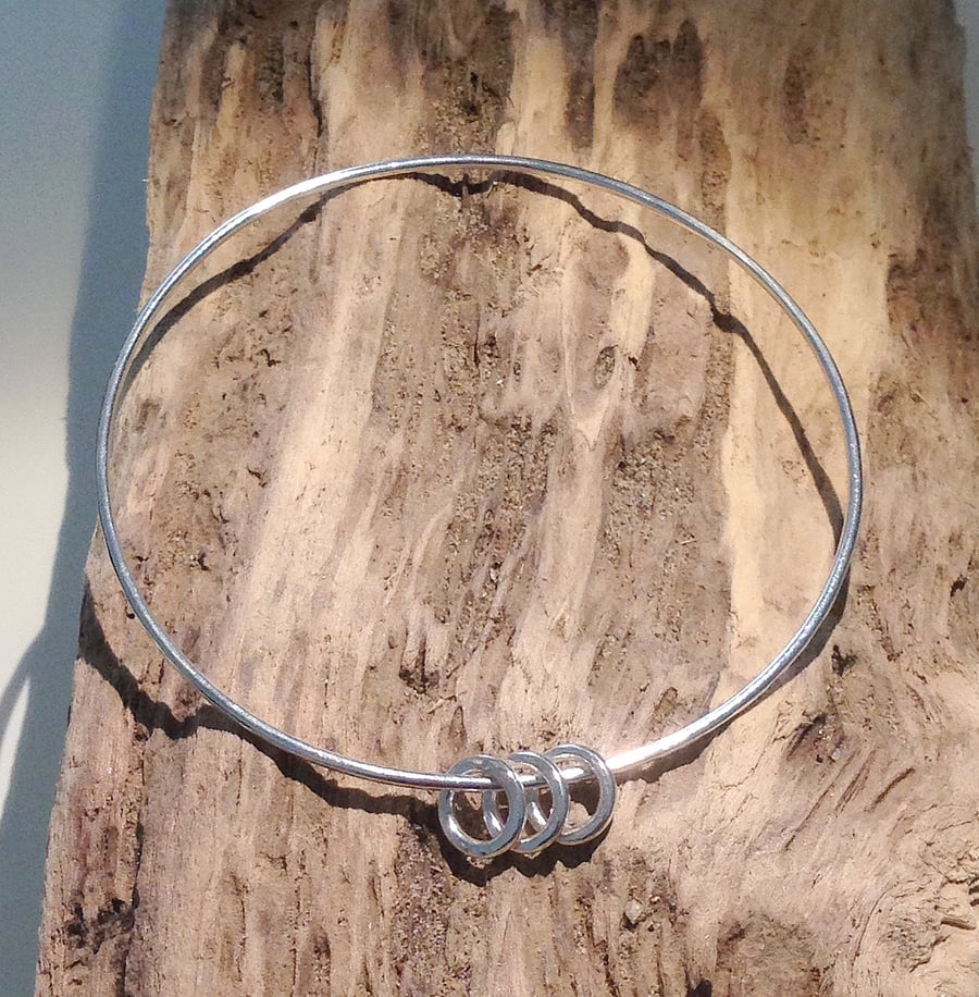 Hammered Trio of Rings Sterling Silver Bangle - UK Free Post