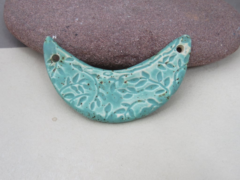 Eggshell Blue  Leaf Pattern Ceramic Crescent Bib Pendant