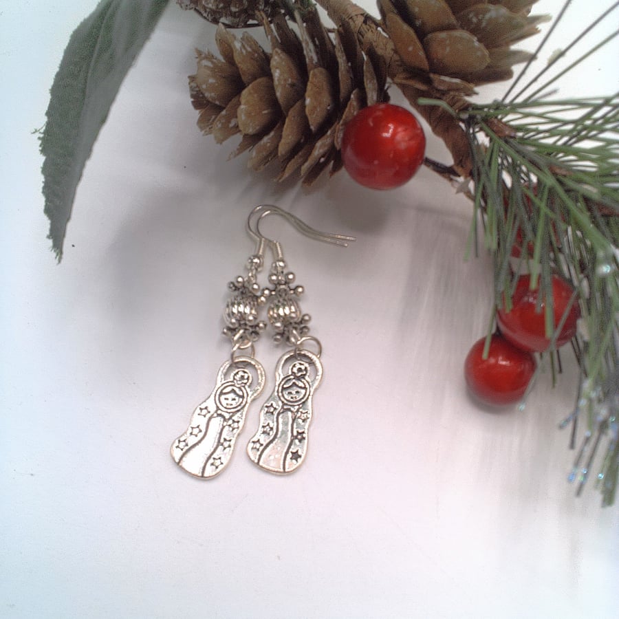 Russian Doll Charm Earrings with Silver Beads, Secret Santa, Christmas Earrings