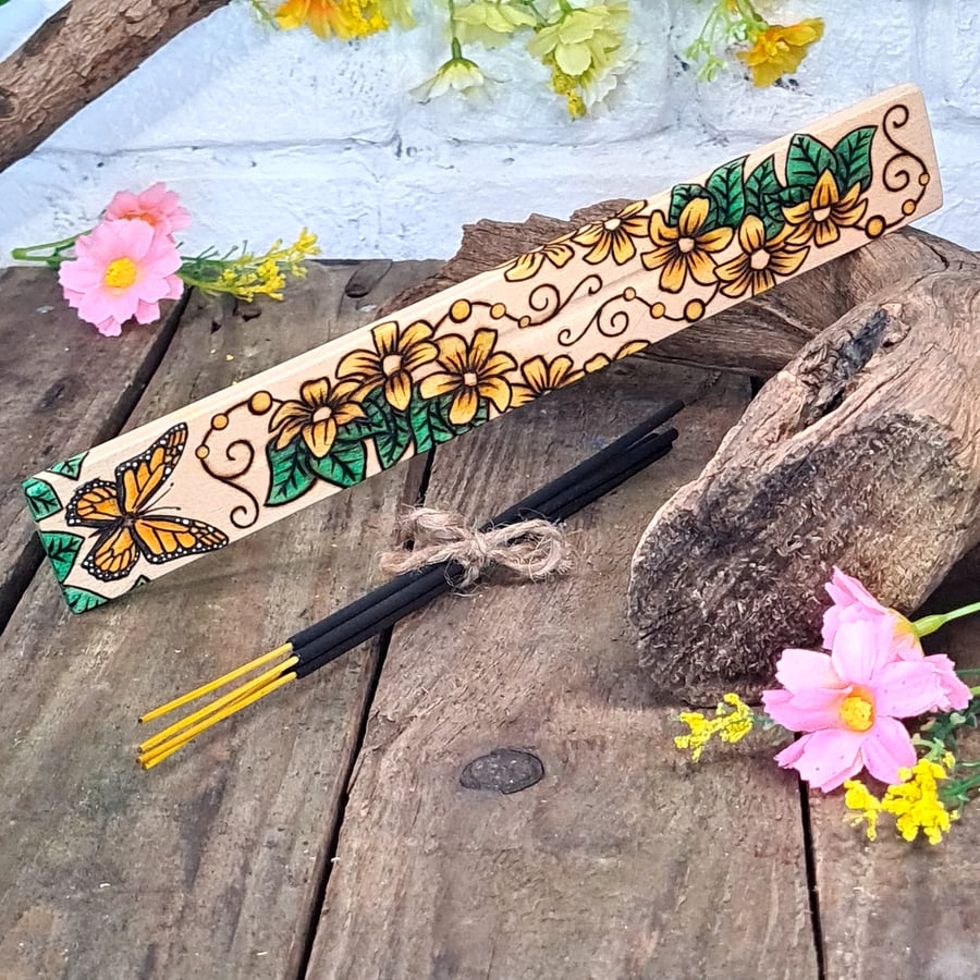 Pyrography floral butterfly  incense holder