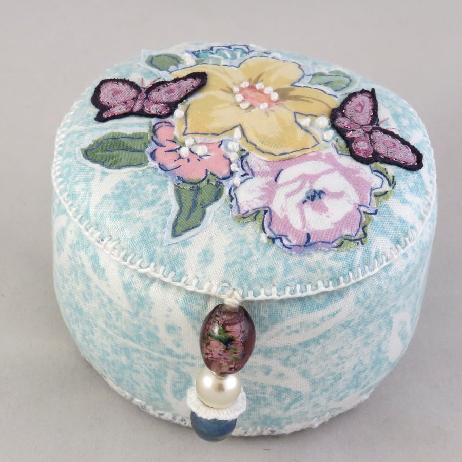 Embroidered and Appliqued Trinket Box from recycled fabrics and cardboard tube