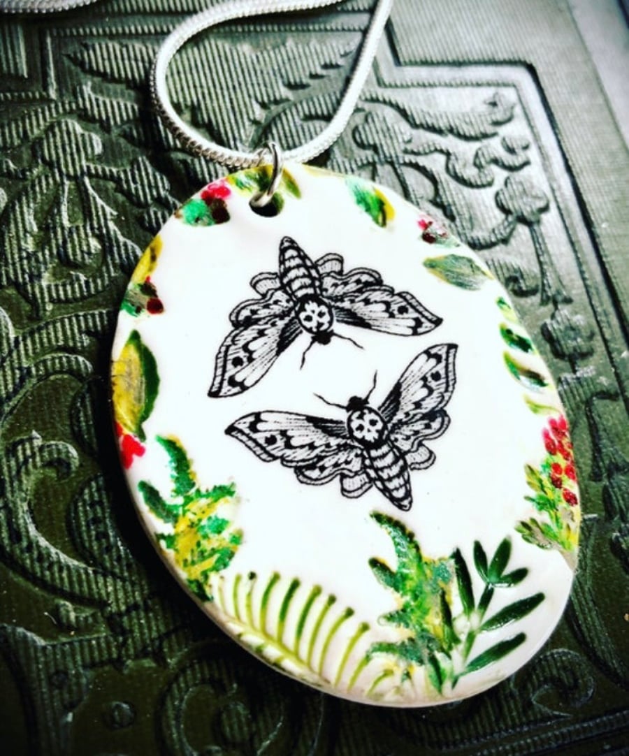 Death head moth porcelain pendant 