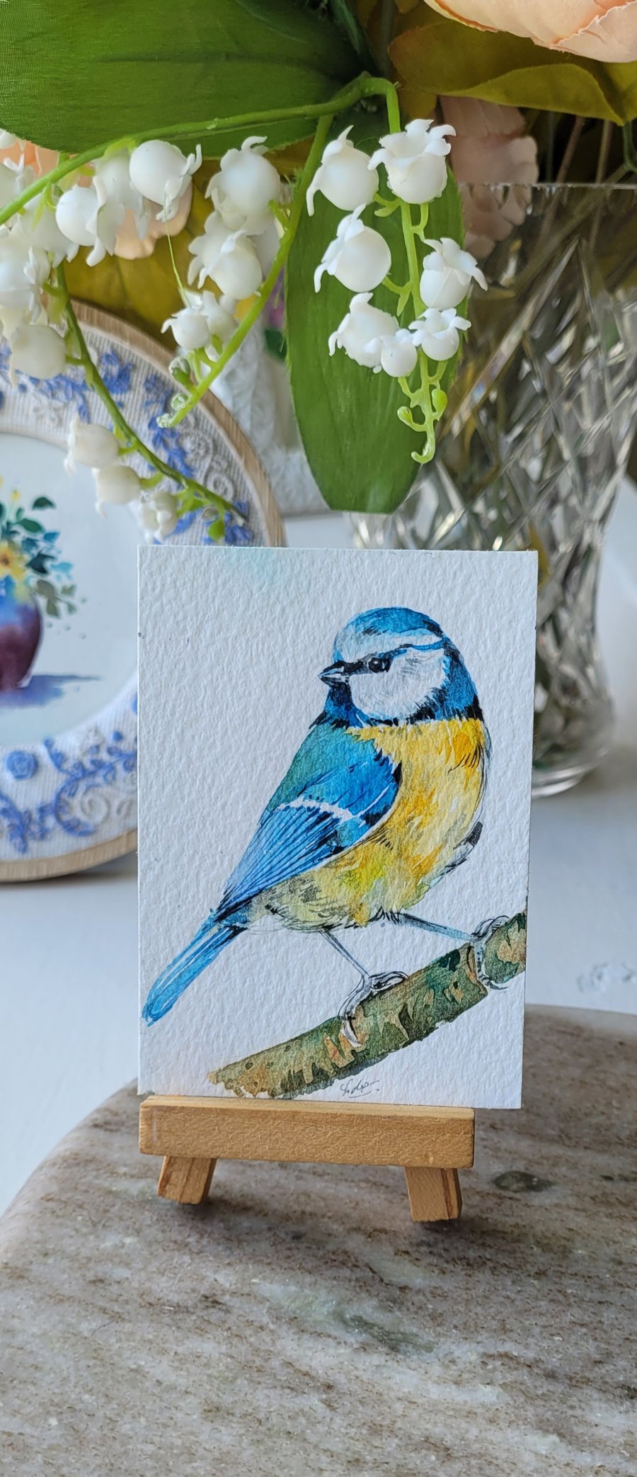 original watercolour ACEO, blue tit bird, mini artwork, british garden birds