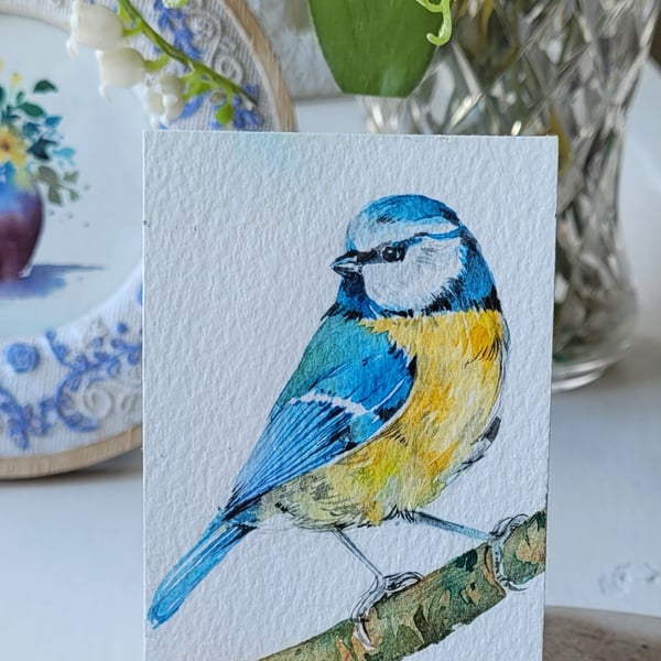 original watercolour ACEO, blue tit bird, mini artwork, british garden birds