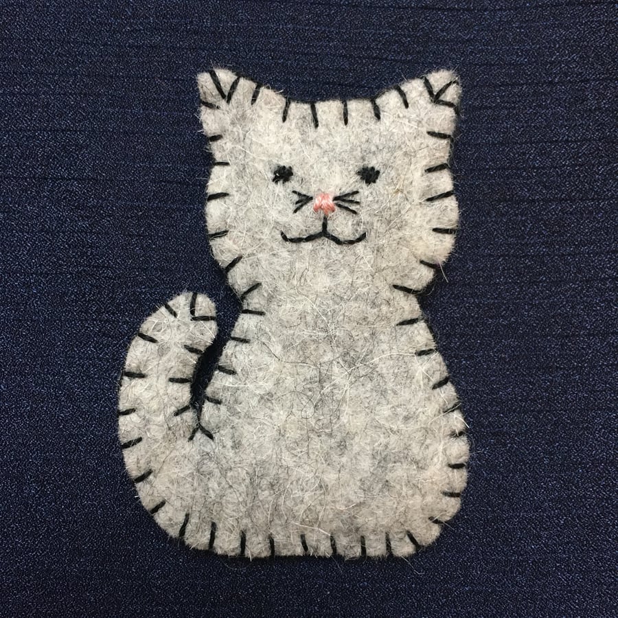 Woollen Felt Cat Brooch Hand Embroidered