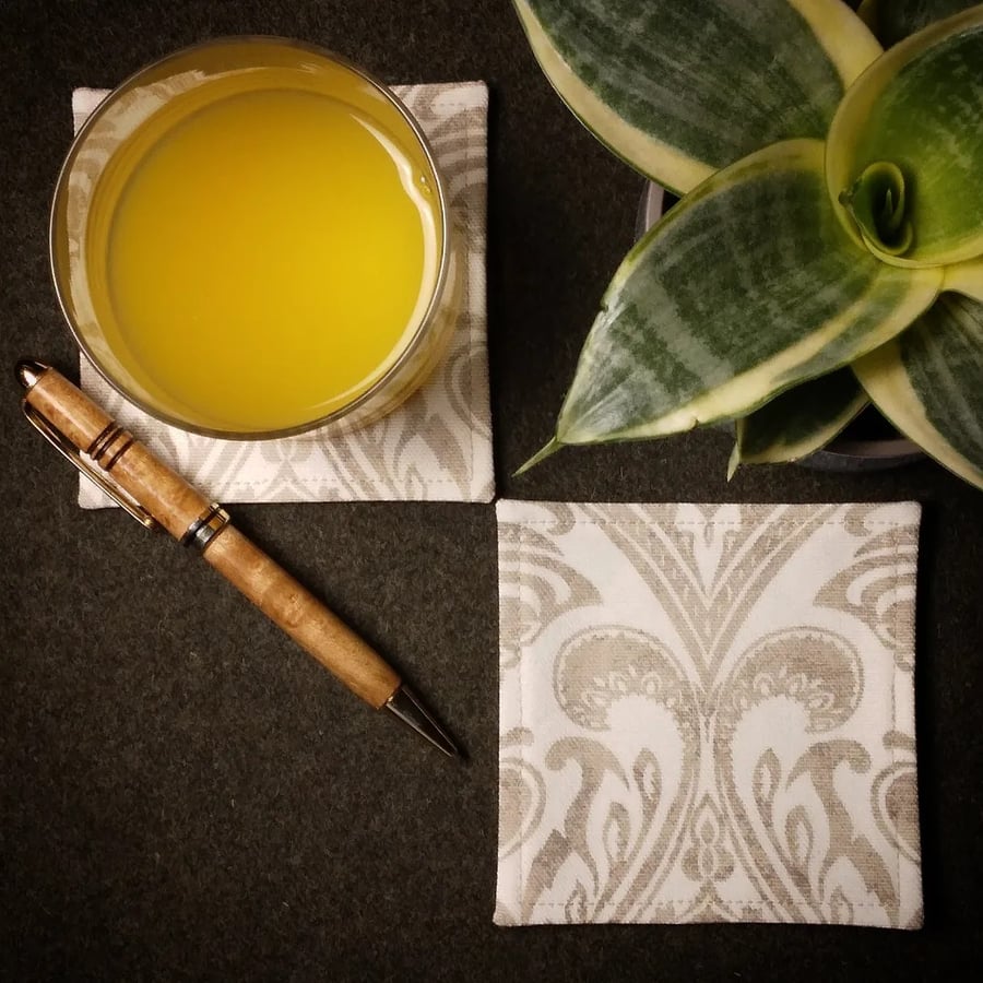 Square Coaster Set - Natural Damask Print