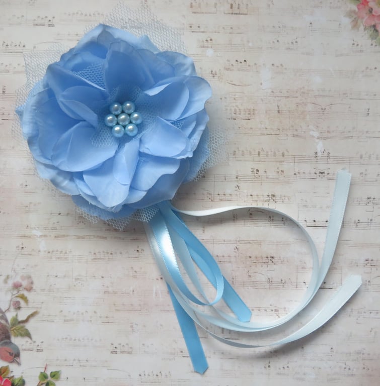 Pale Sky Blue Regency Hibiscus Flower Fascinator Hair Clip Headpiece