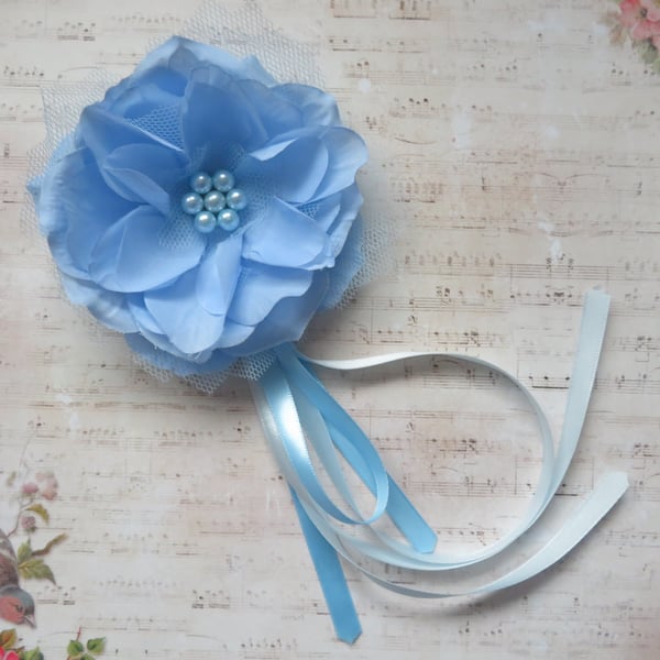 Pale Sky Blue Regency Hibiscus Flower Fascinator Hair Clip Headpiece