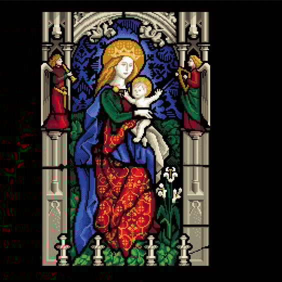 291 Cross Stitch Pattern Christmas Madonna and child with angels stained glass