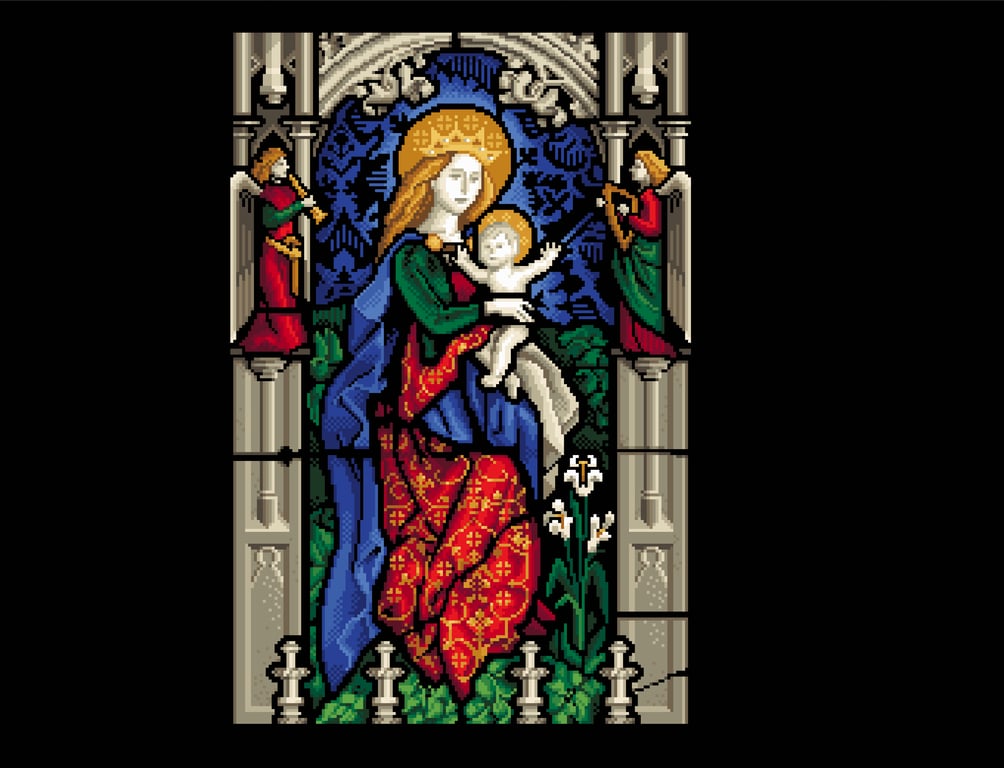 291 Cross Stitch Pattern Christmas Madonna and child with angels stained glass