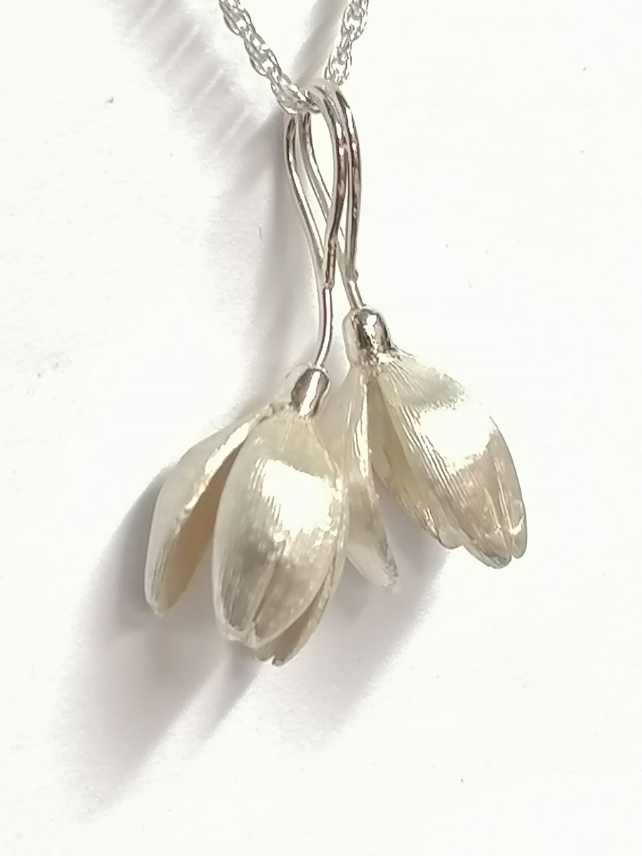 Double Snowdrop pendant hand made from Sterling Silver