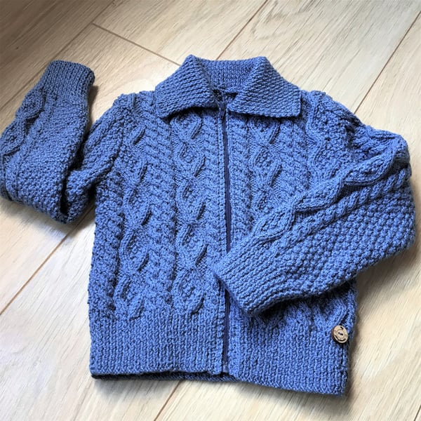 Hand Knitted Boy's Zip up Cardigan with collar age 2 - 3 years
