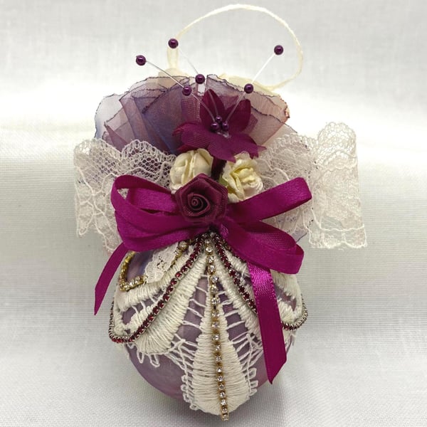 Mauve and Magenta Christmas Bauble with Beaded Lace and Flowers