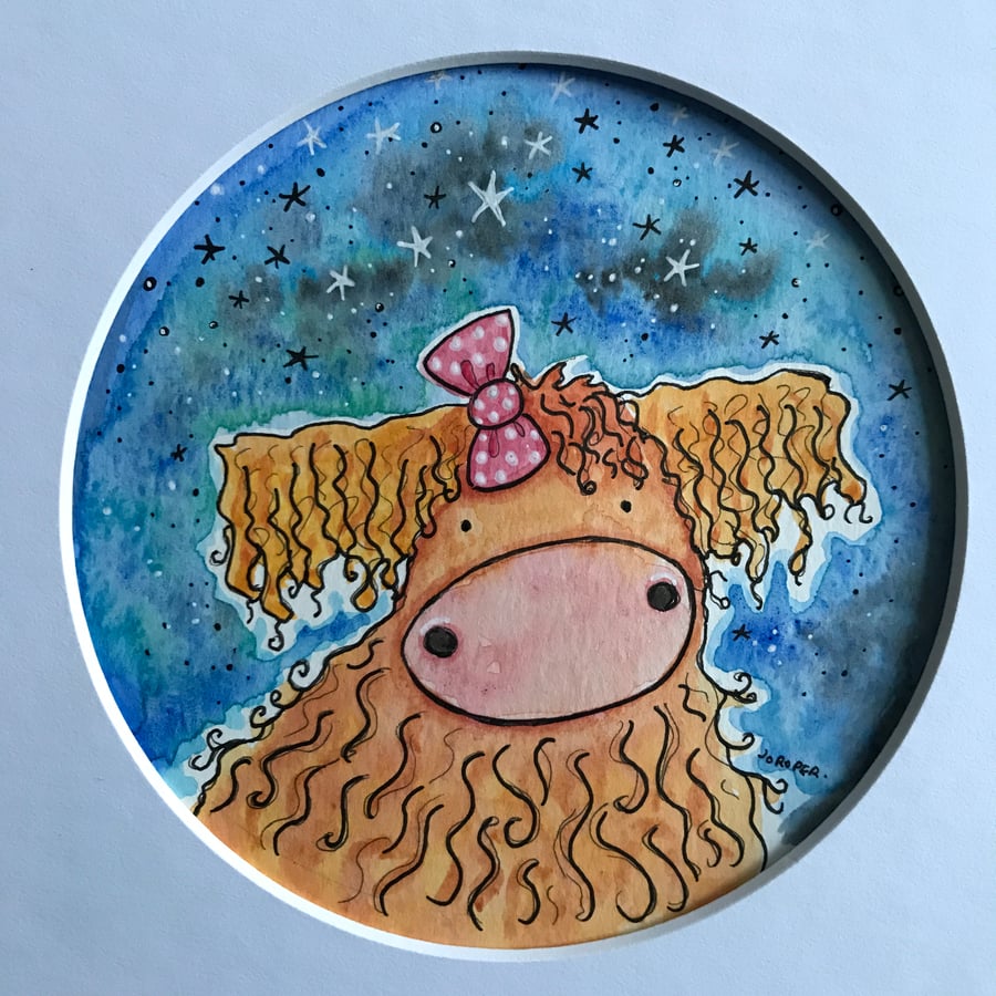 Original Painting Highland Cow Girl watercolour by Jo Roper