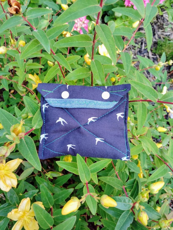 Handmade blue and white bird quilted fabric purse with poppers