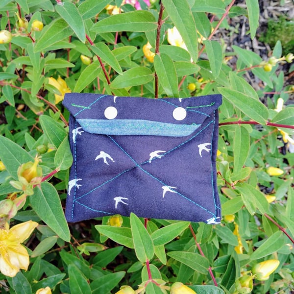 Handmade blue and white bird quilted fabric purse with poppers