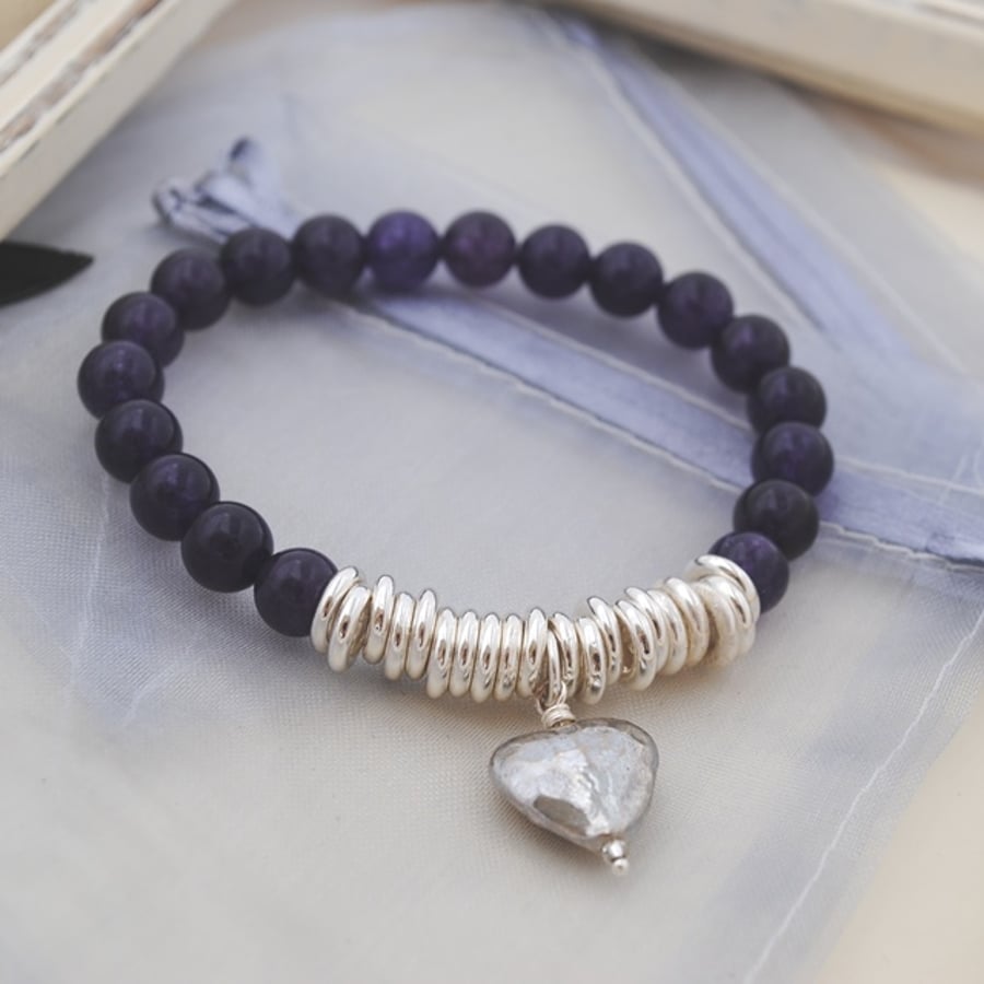 Purple jade & silver sweetie rings bracelet
